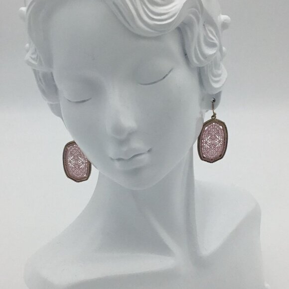 Pink Delicate Filigree Hexagonal Gold Tone Edge Drop Earrings Fish Hook Backs - Picture 3 of 4